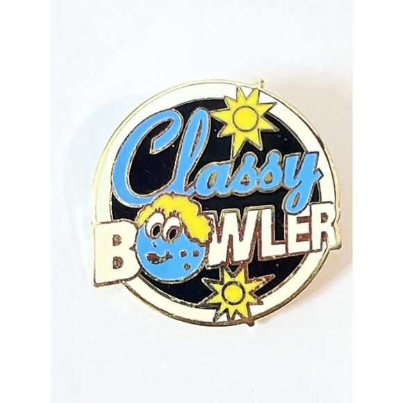 Vintage Classy Bowler Womens Bowling Lapel Pin 1” Inch Round Cursive - Picture 1 of 4